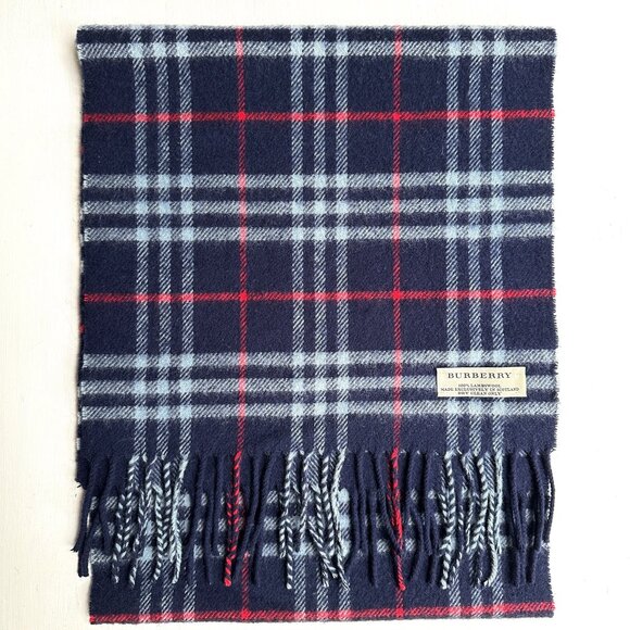 NEW - BURBERRY made in Scotland 100% Lambswool Paid Navy Scarf - UNISEX - Picture 1 of 7